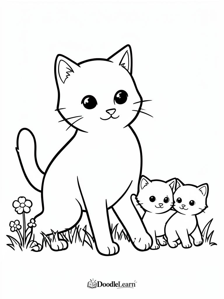Free printable Mother Cat and Kittens coloring page for kids