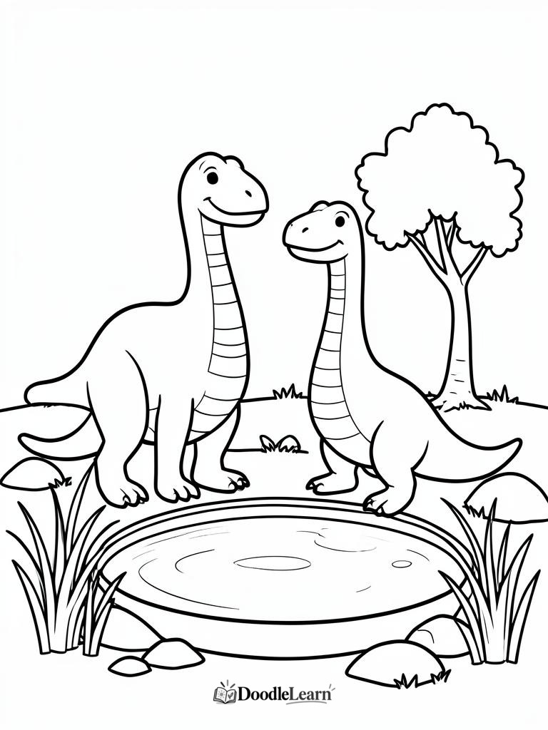 Two dinosaurs beside a watering hole printable coloring page
