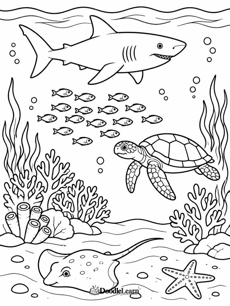 Ocean ecosystem with a shark, fish, turtle and coral printable coloring page
