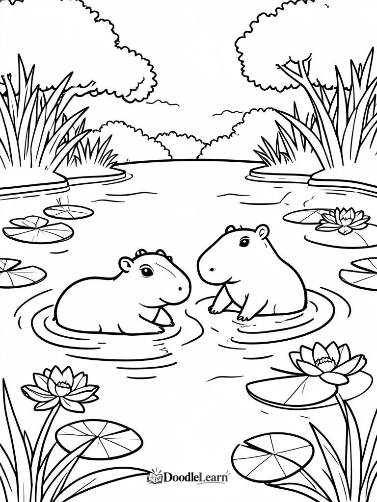 Free printable Capybaras in the River coloring page for kids