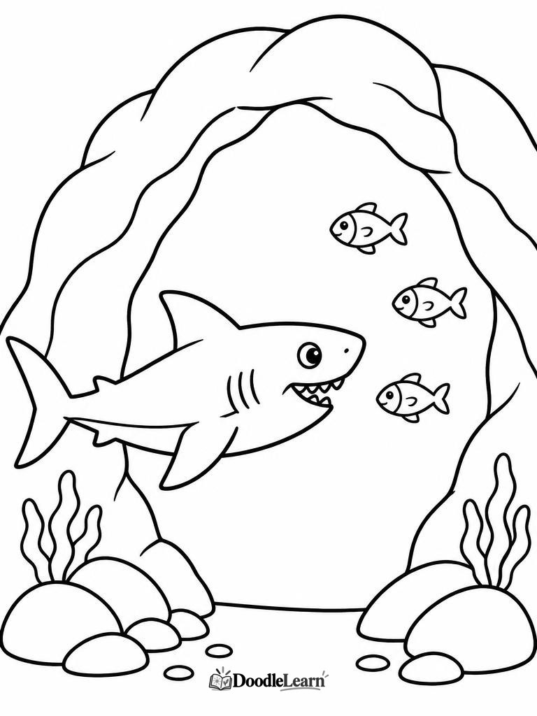 Shark exploring a rocky underwater cave printable coloring page