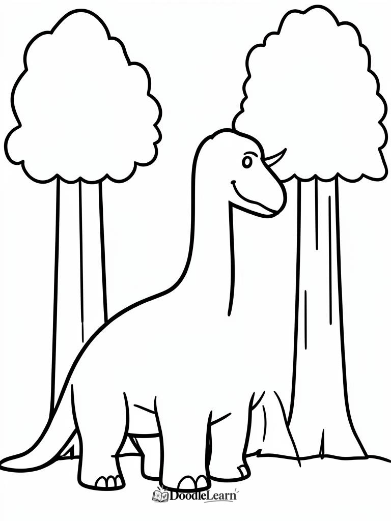 Simple Brachiosaurus next to tall trees coloring page for young children