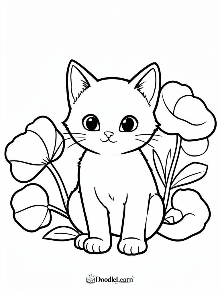 Free printable kitten with flowers coloring page for kids
