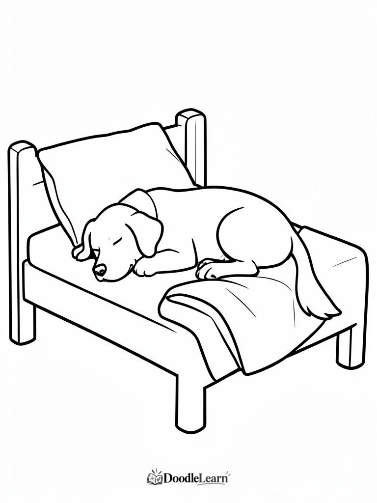 Free printable dog sleeping on a bed coloring page for kids