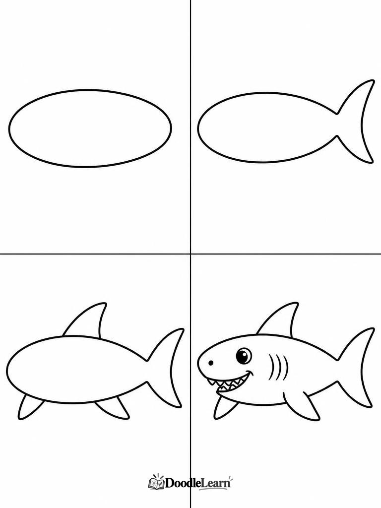 Step by step how to draw a shark worksheet for kids