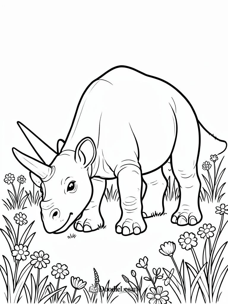Triceratops grazing in a meadow printable coloring page