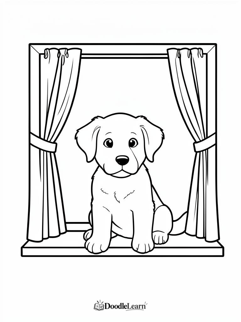 Free printable puppy looking out a window coloring page for kids