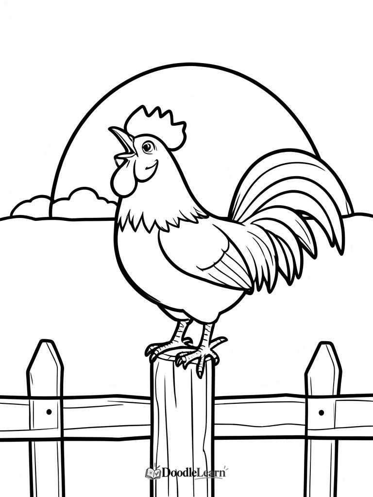Free printable Rooster at Sunrise coloring page for kids
