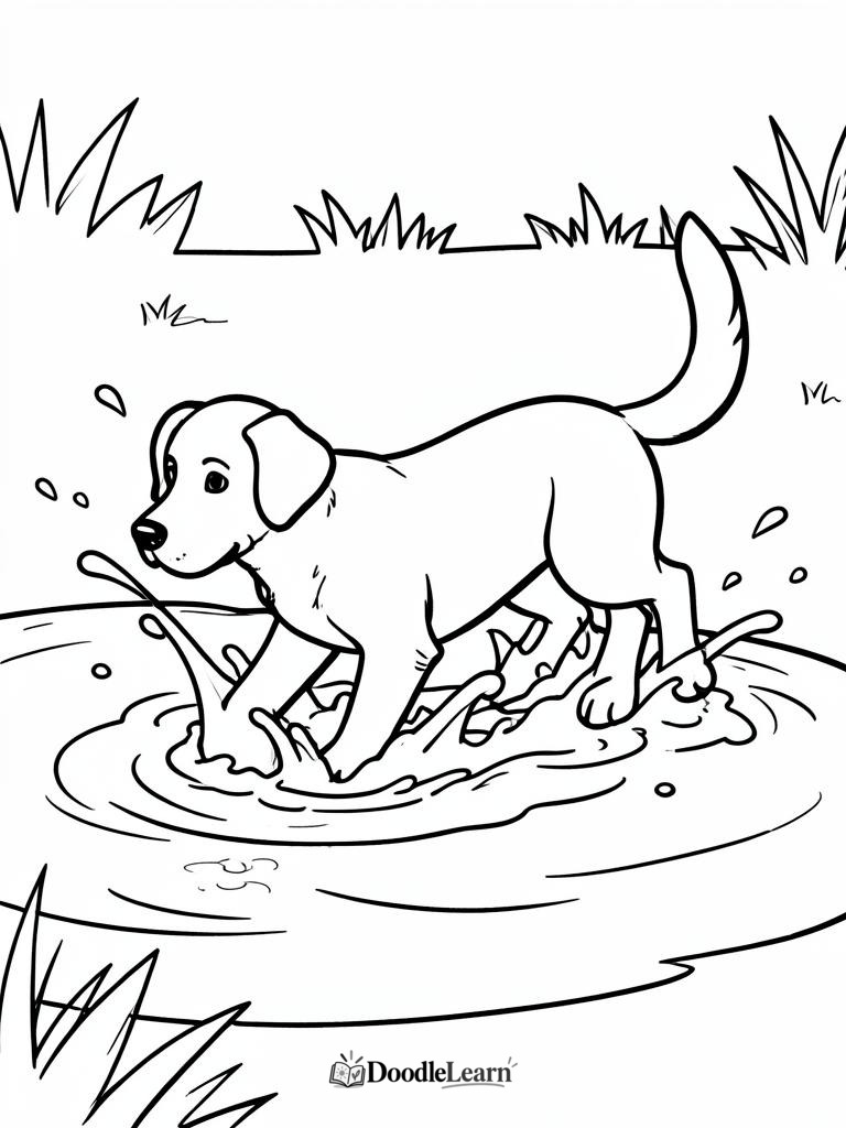 Free printable dog splashing in water coloring page for kids