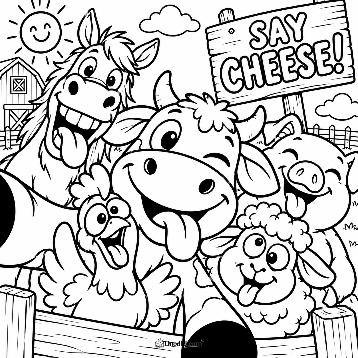 Free printable Barnyard Selfie coloring page for kids