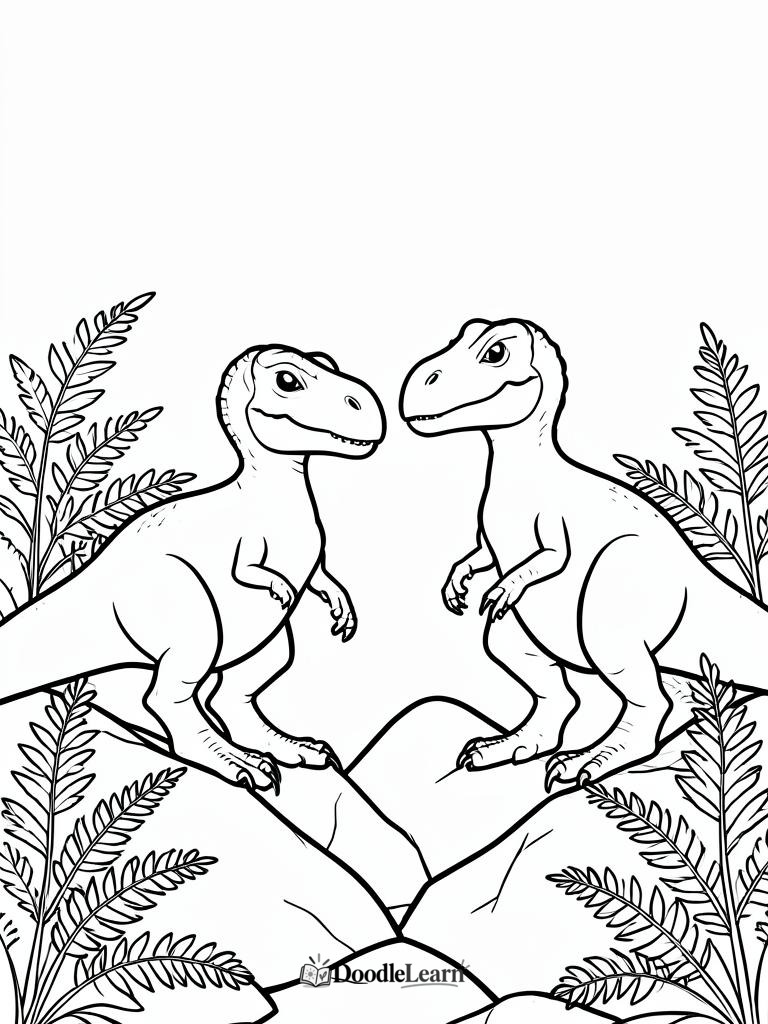 Two Velociraptors exploring among ferns printable coloring page