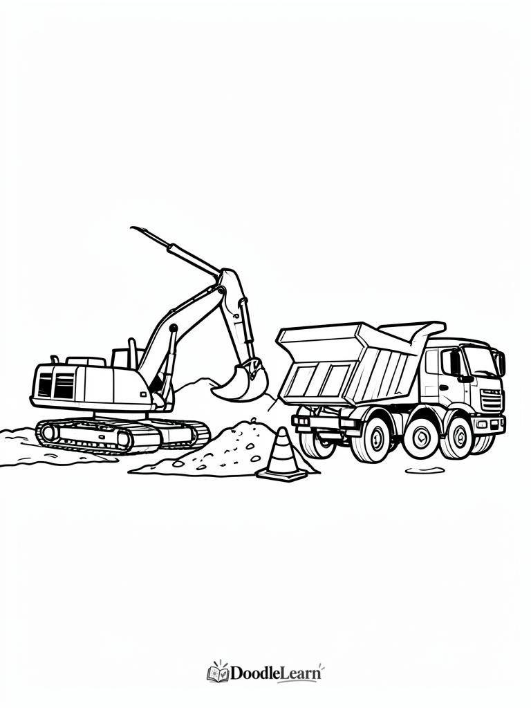 Free printable Digger and Dump Truck coloring page for kids