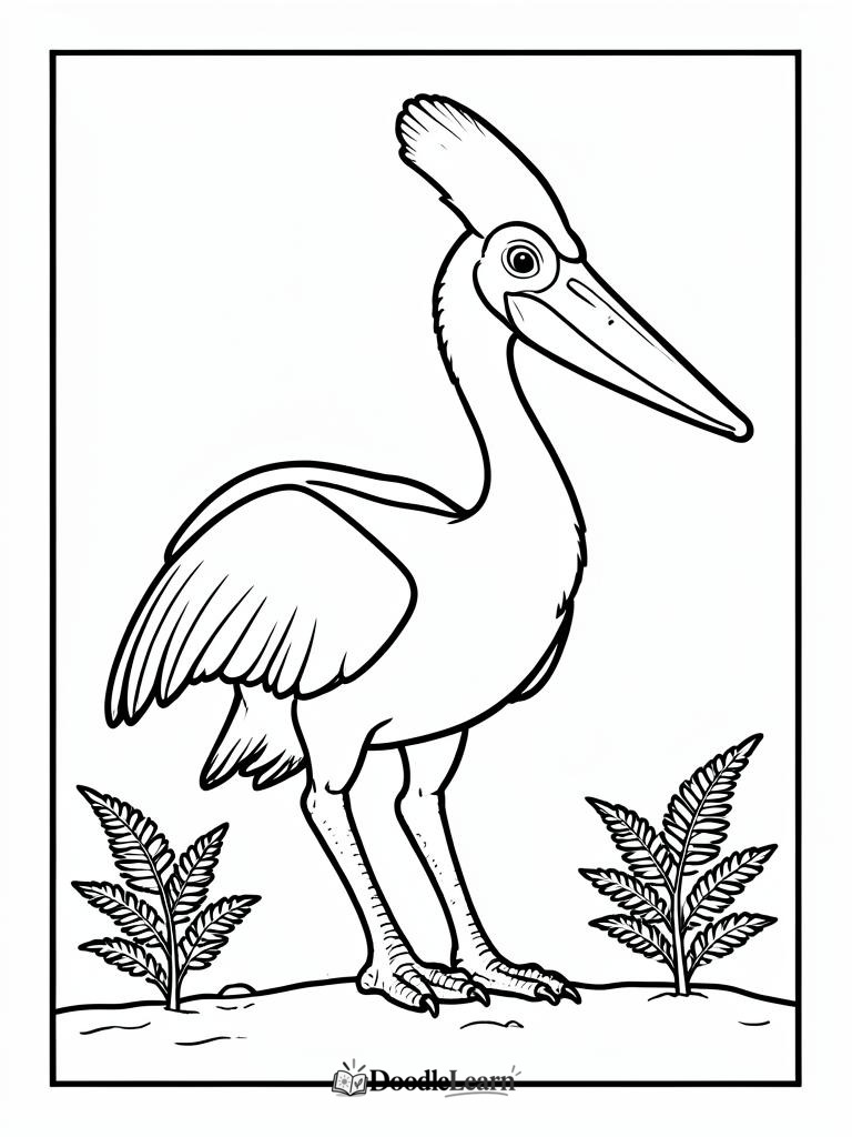 Pteranodon resting on the ground with folded wings printable coloring page