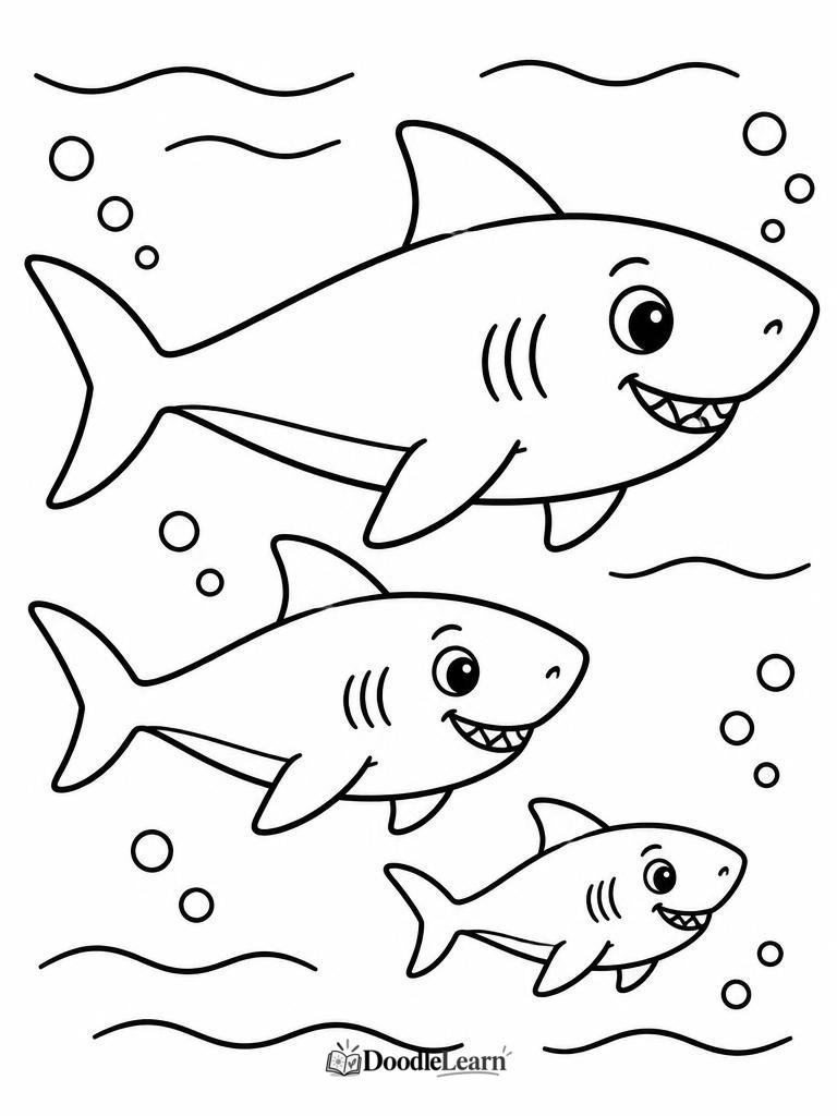 Shark family printable coloring page with a large and small shark