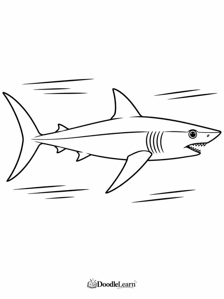 Shortfin mako shark printable coloring page showing its streamlined body