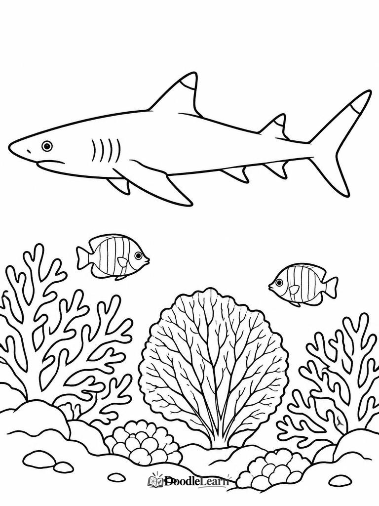 Blacktip reef shark printable coloring page with coral reef background