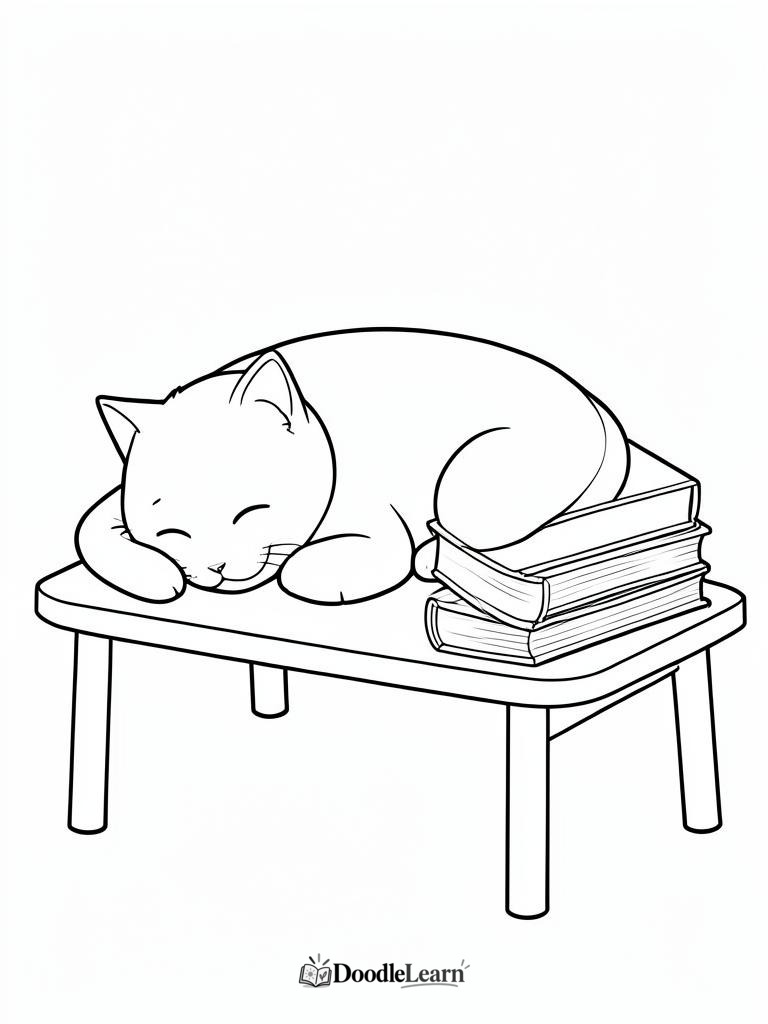 Free printable cat sleeping beside books coloring page for kids