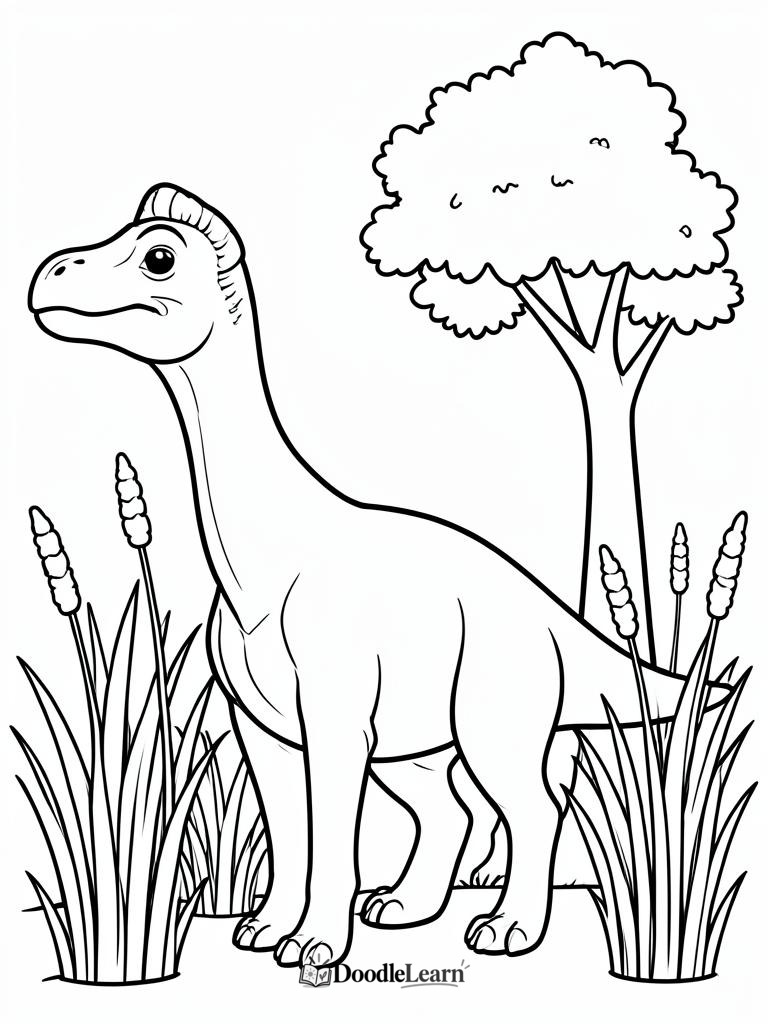 Parasaurolophus standing among reeds and a tree printable coloring page