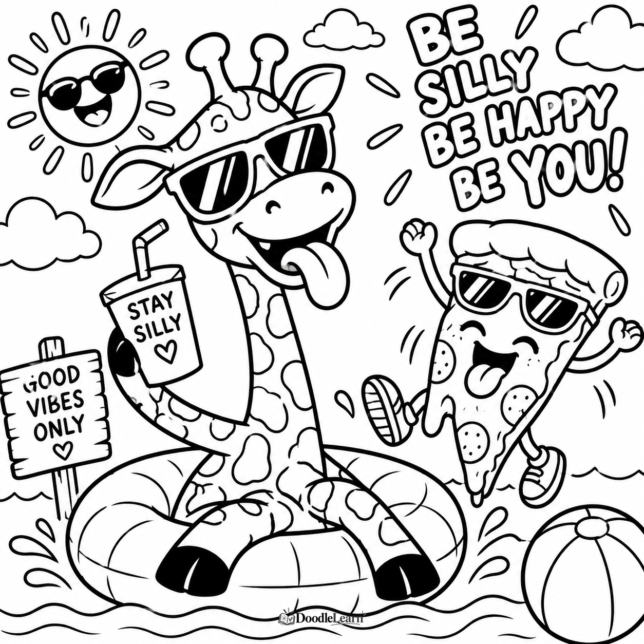 Free printable Pool Party Giraffe coloring page for kids