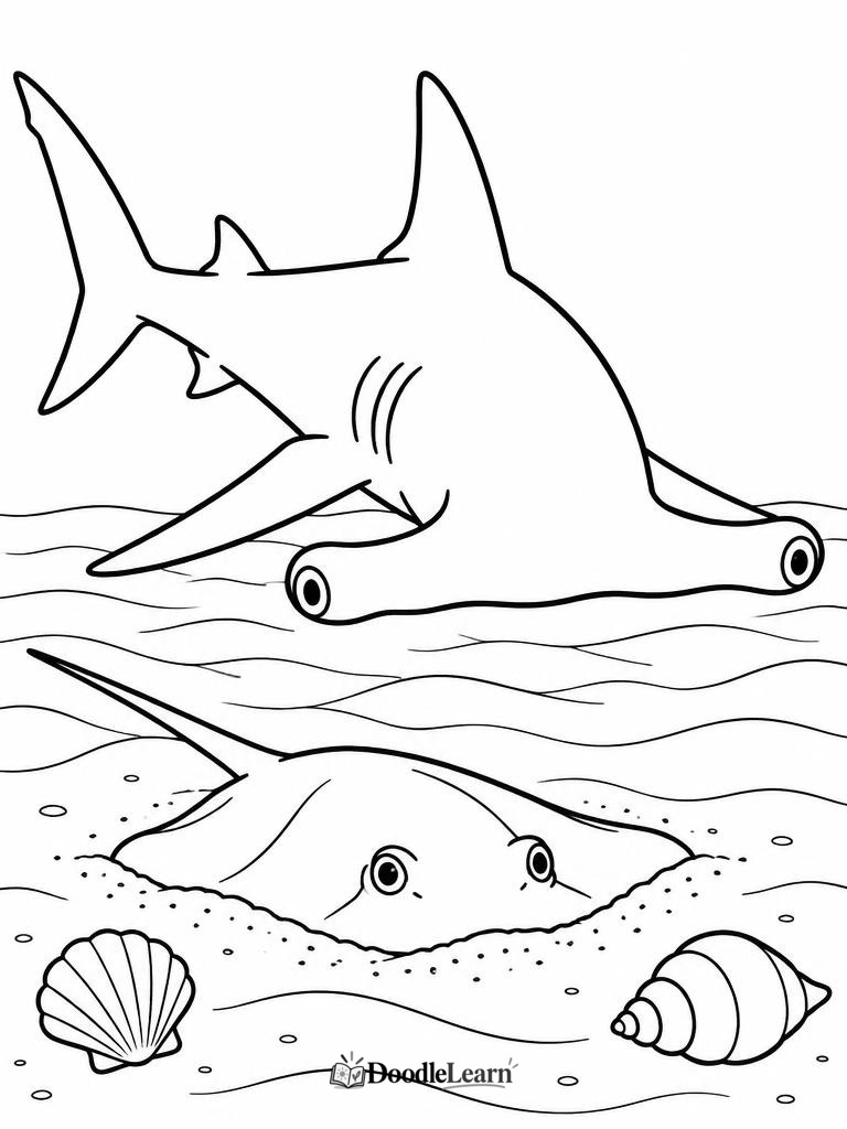 Hammerhead shark swimming over a sandy seafloor printable coloring page