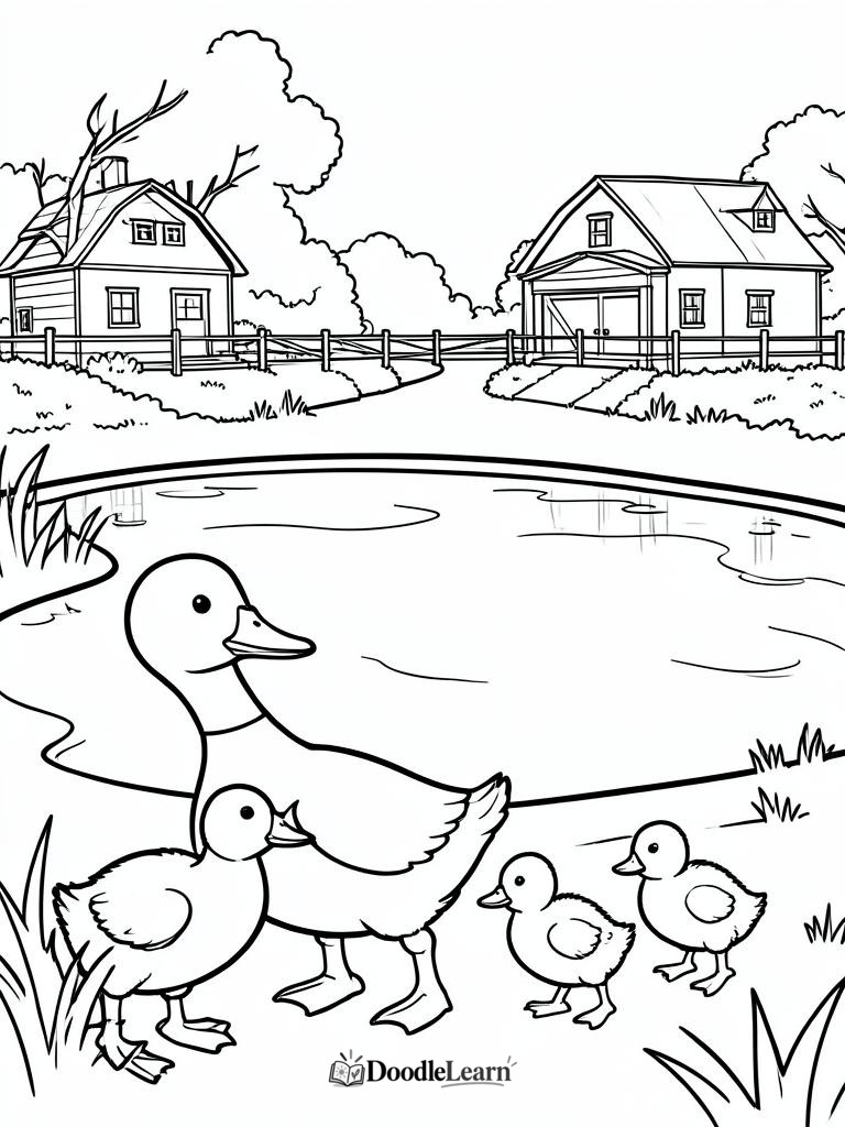 Free printable Ducks by the Pond coloring page for kids