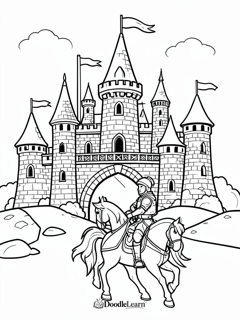 Free printable Castle and Knight coloring page for kids