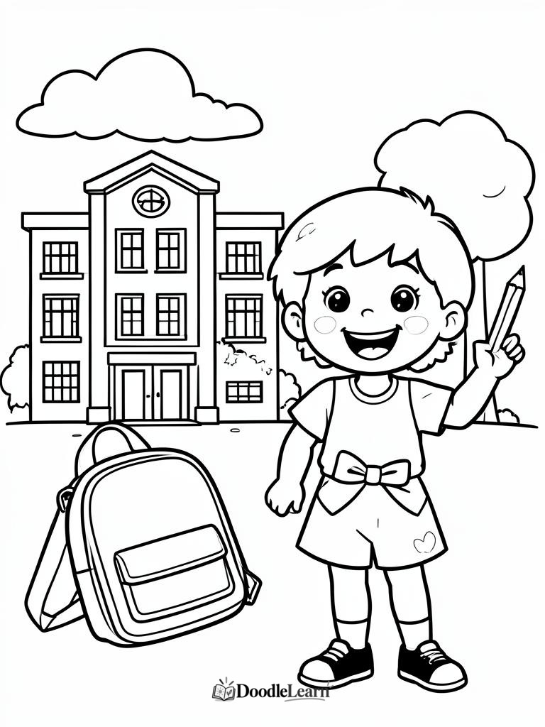 Free printable First Day at School coloring page for kids