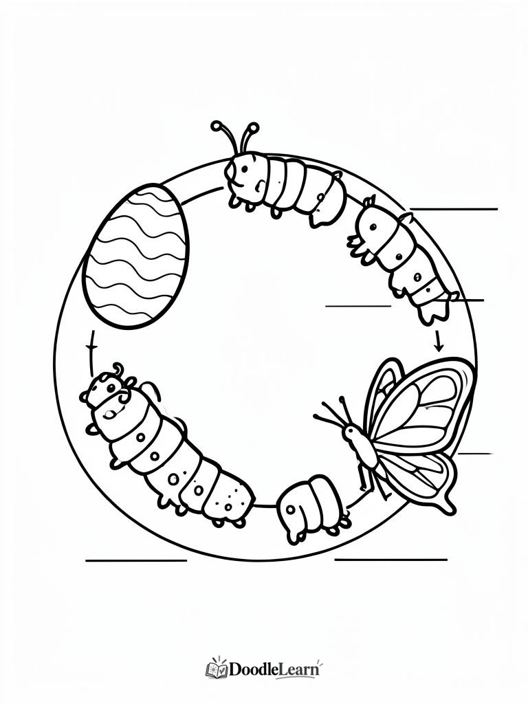 Free printable Butterfly Life Cycle coloring page for kids