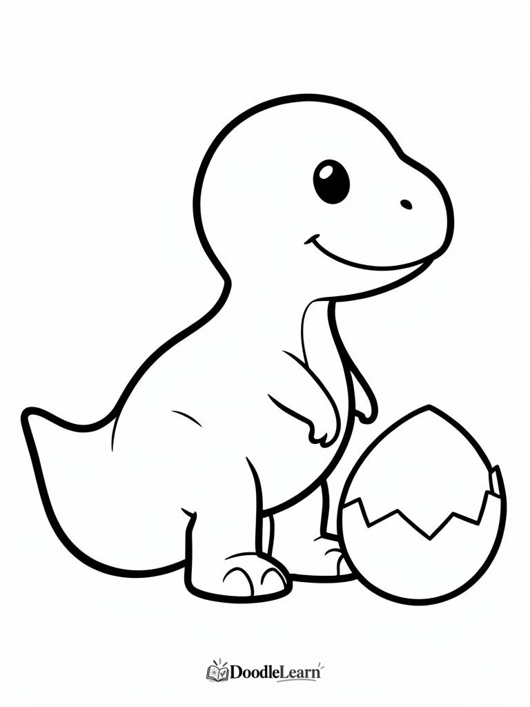 Baby dinosaur next to a broken eggshell printable coloring page