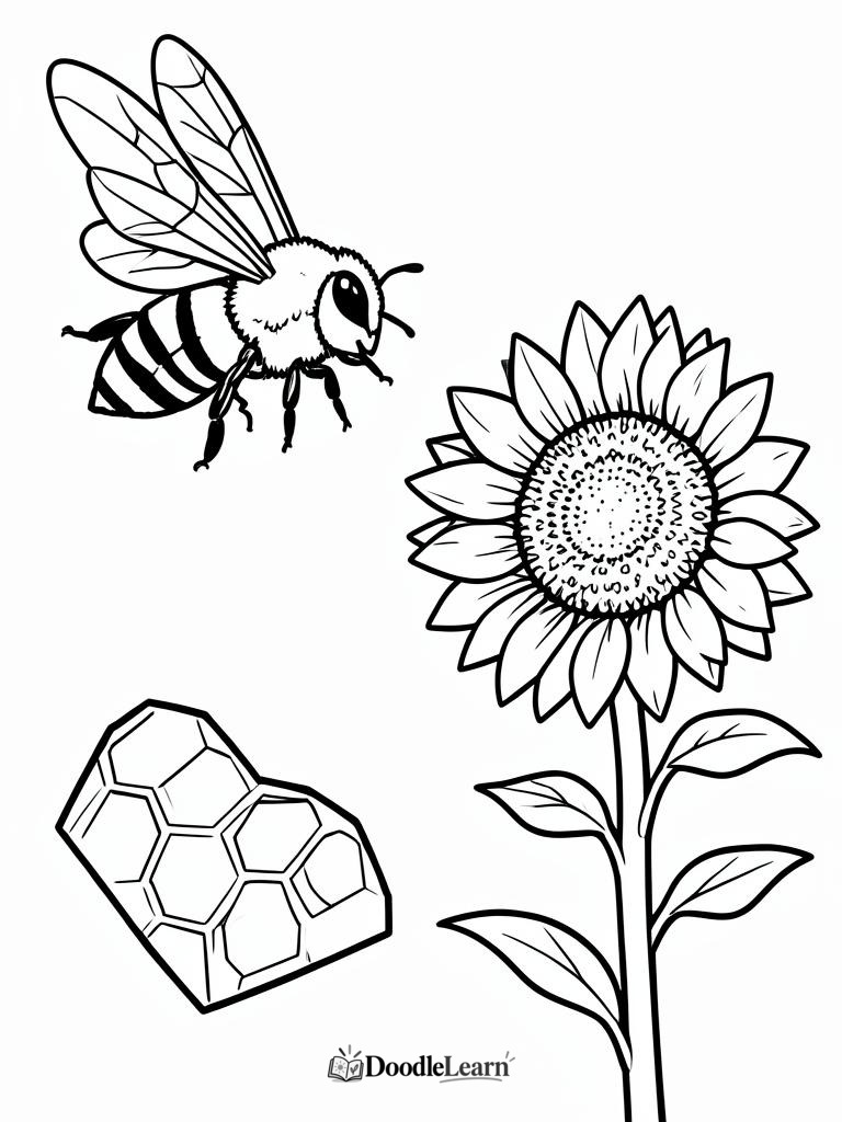 Free printable Bee and Flowers coloring page for kids