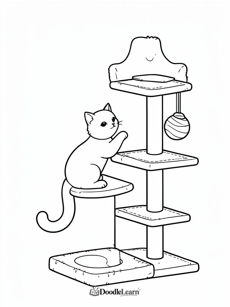 Free printable cat climbing a cat tree coloring page for kids
