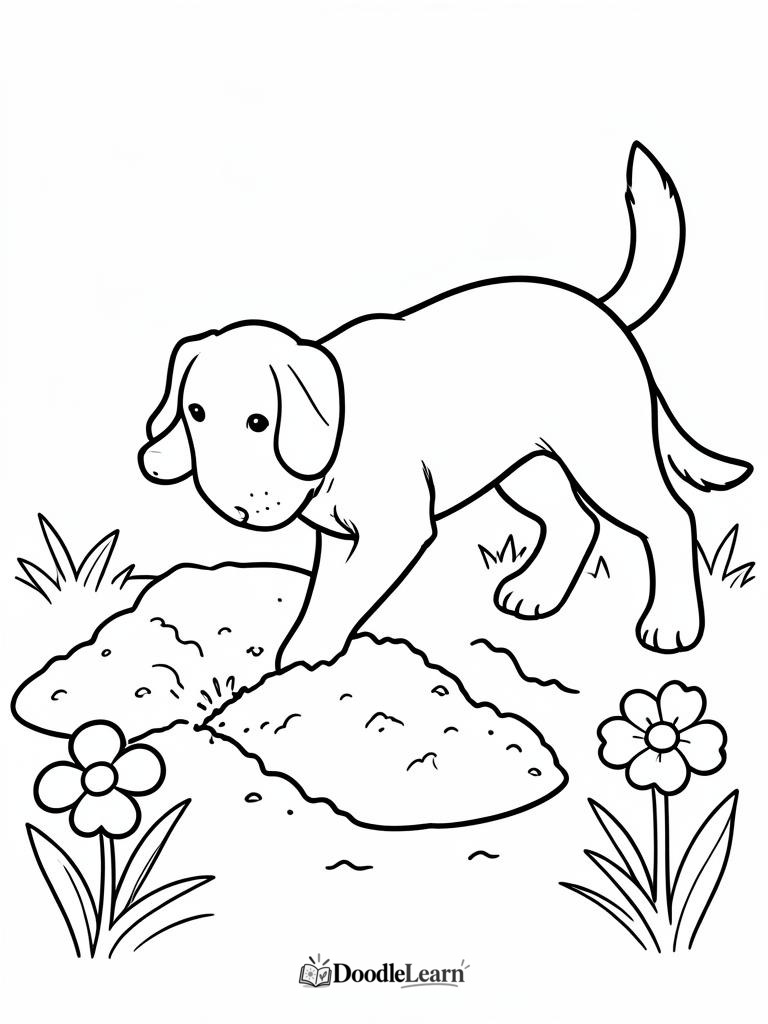 Free printable dog digging in the garden coloring page for kids