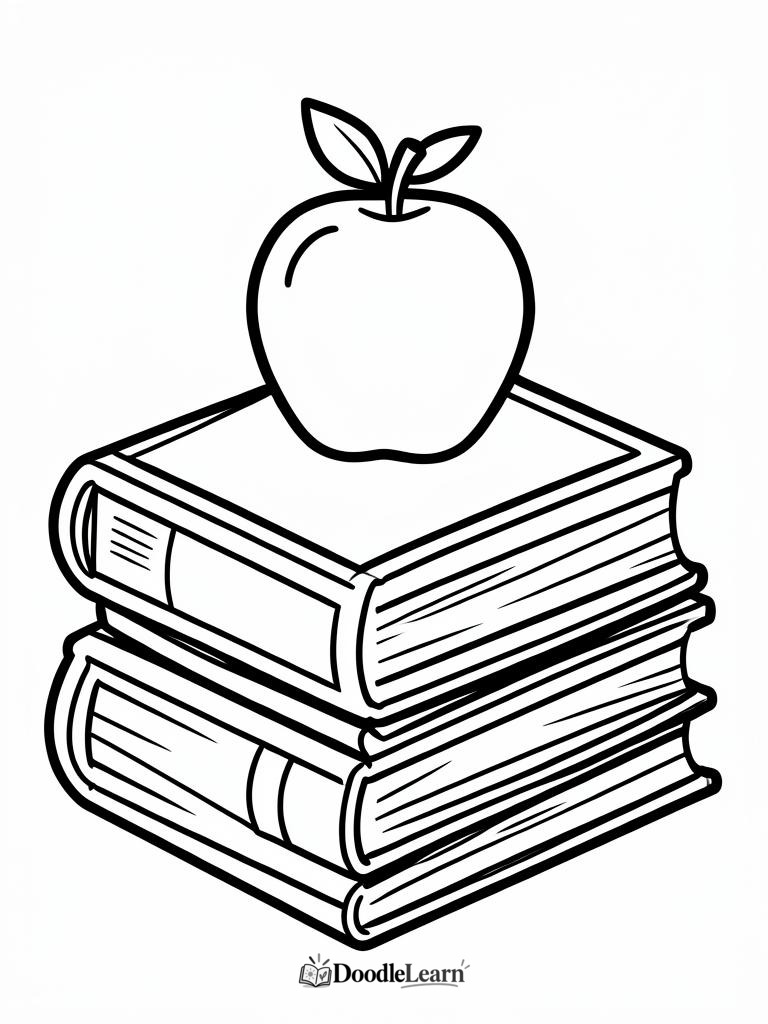 Free printable Books and Apple coloring page for kids