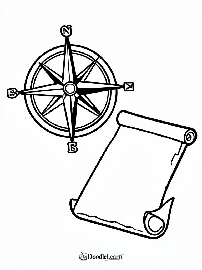 Free printable Compass and Map coloring page for kids