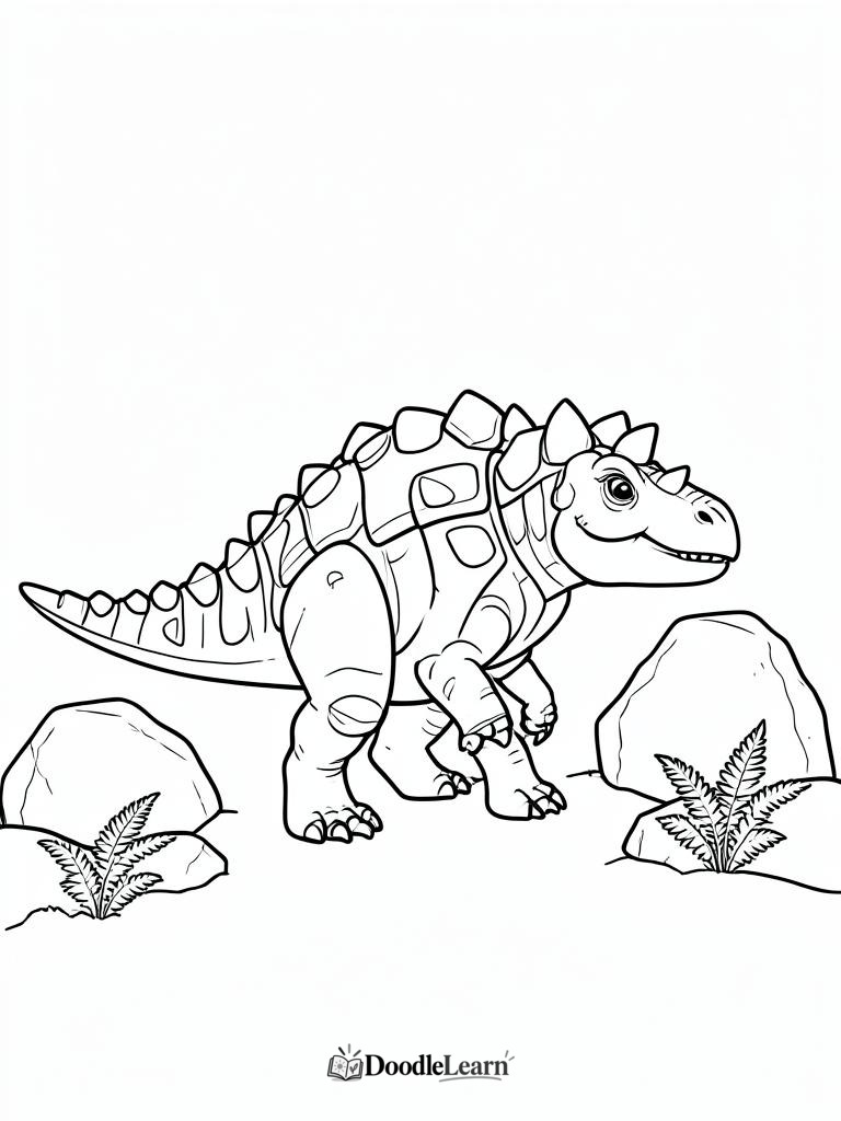 Ankylosaurus walking past rocks and ferns printable coloring page