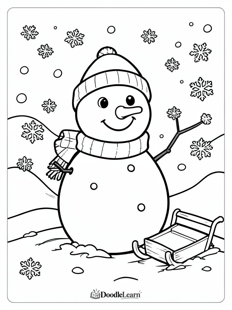 Free printable Winter Snowman coloring page for kids