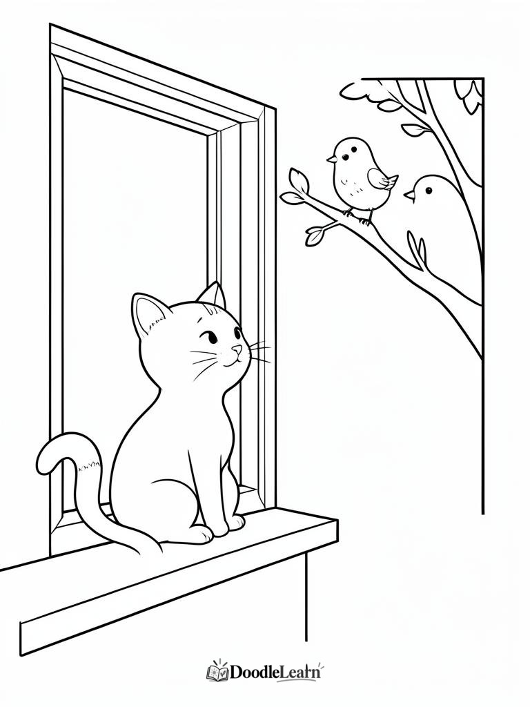 Free printable cat watching birds coloring page for kids