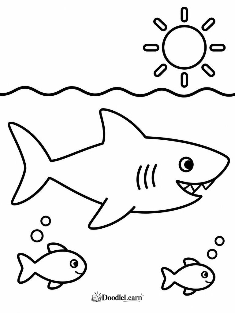Shark swimming in a simple ocean scene printable coloring page