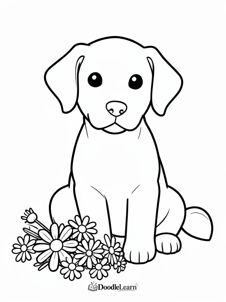 Free printable puppy with flowers coloring page for kids