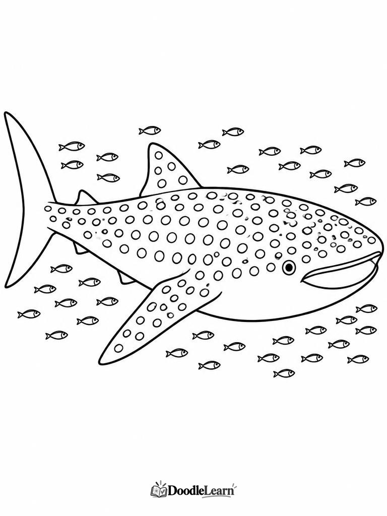 Whale shark swimming with small fish printable coloring page