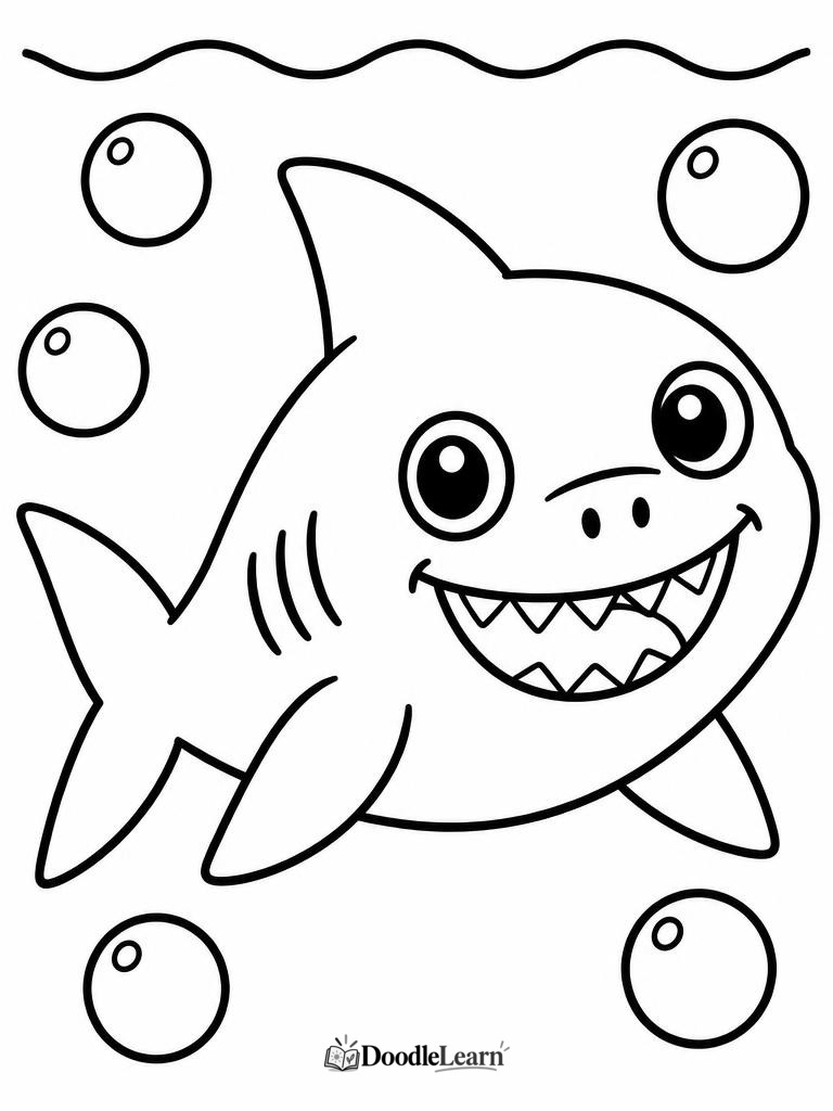 Simple shark with bubbles printable coloring page for preschoolers