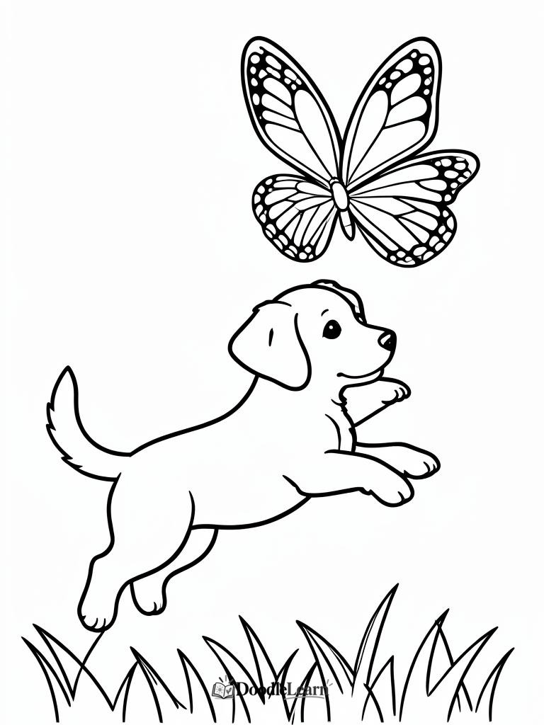 Free printable puppy chasing a butterfly coloring page for kids