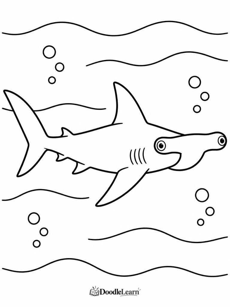 Hammerhead shark printable coloring page showing its wide hammer-shaped head