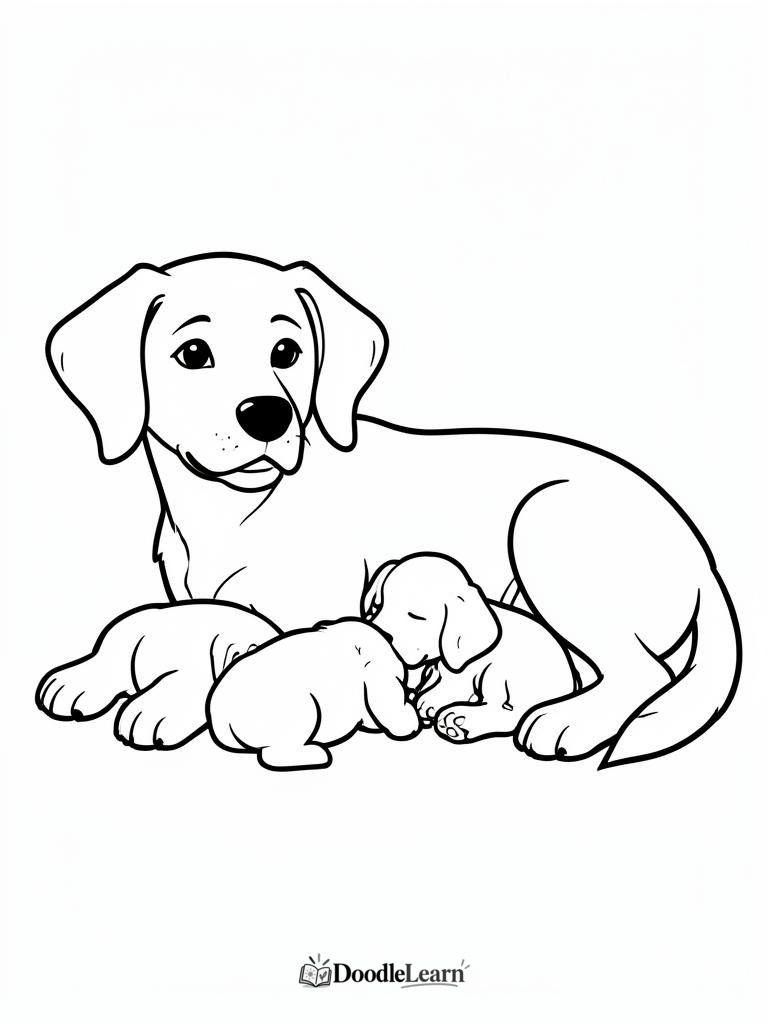 Free printable mother dog with puppies coloring page for kids