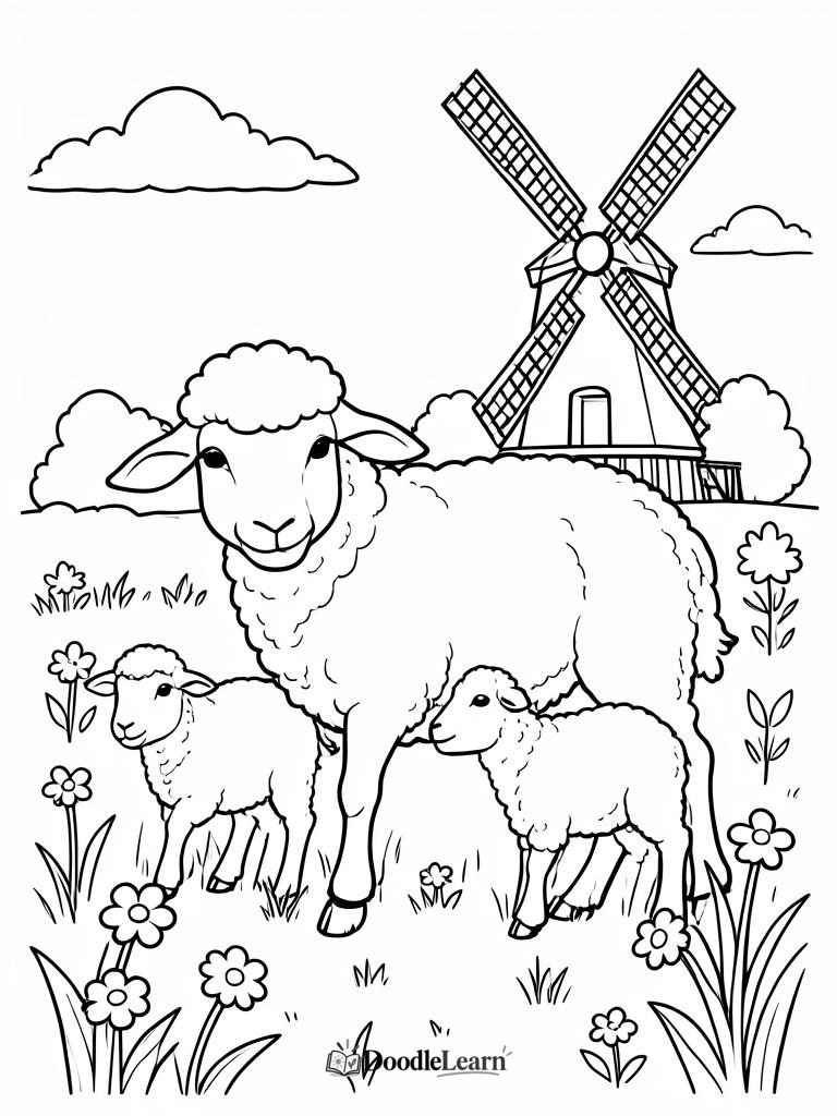 Free printable Sheep in the Meadow coloring page for kids
