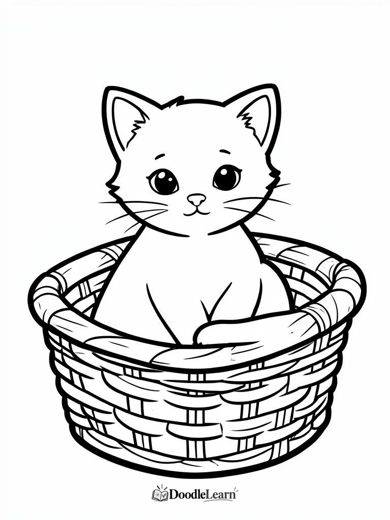 Free printable kitten in a basket coloring page for kids