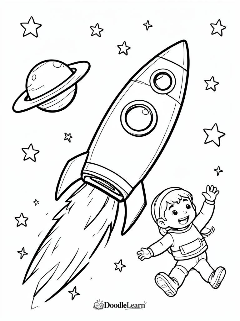 Free printable Rocket and Astronaut coloring page for kids