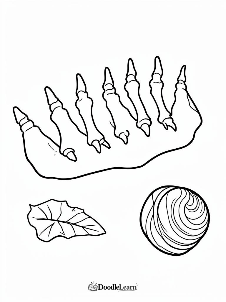 Dinosaur footprint and shell fossils printable coloring page