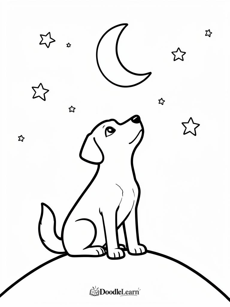 Free printable dog under the stars coloring page for kids