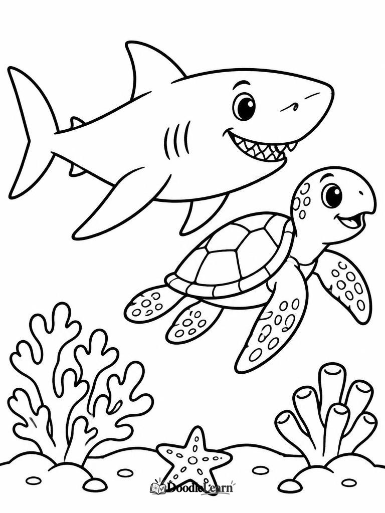Shark and sea turtle swimming together printable coloring page